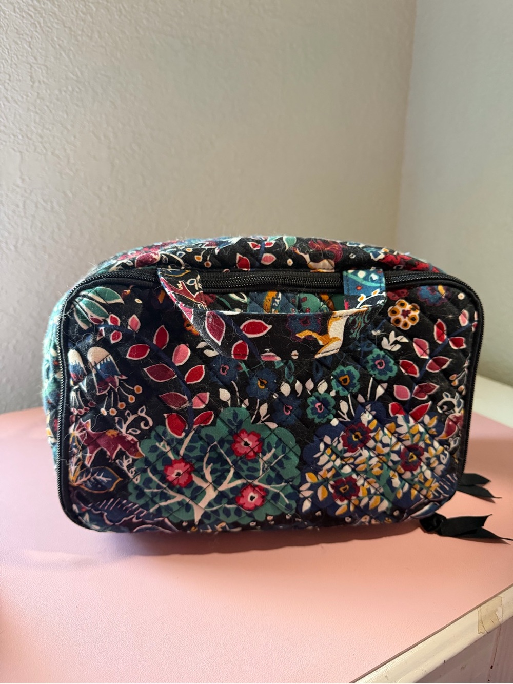 Quilted Floral Travel Cosmetic Bag - Navy Multi